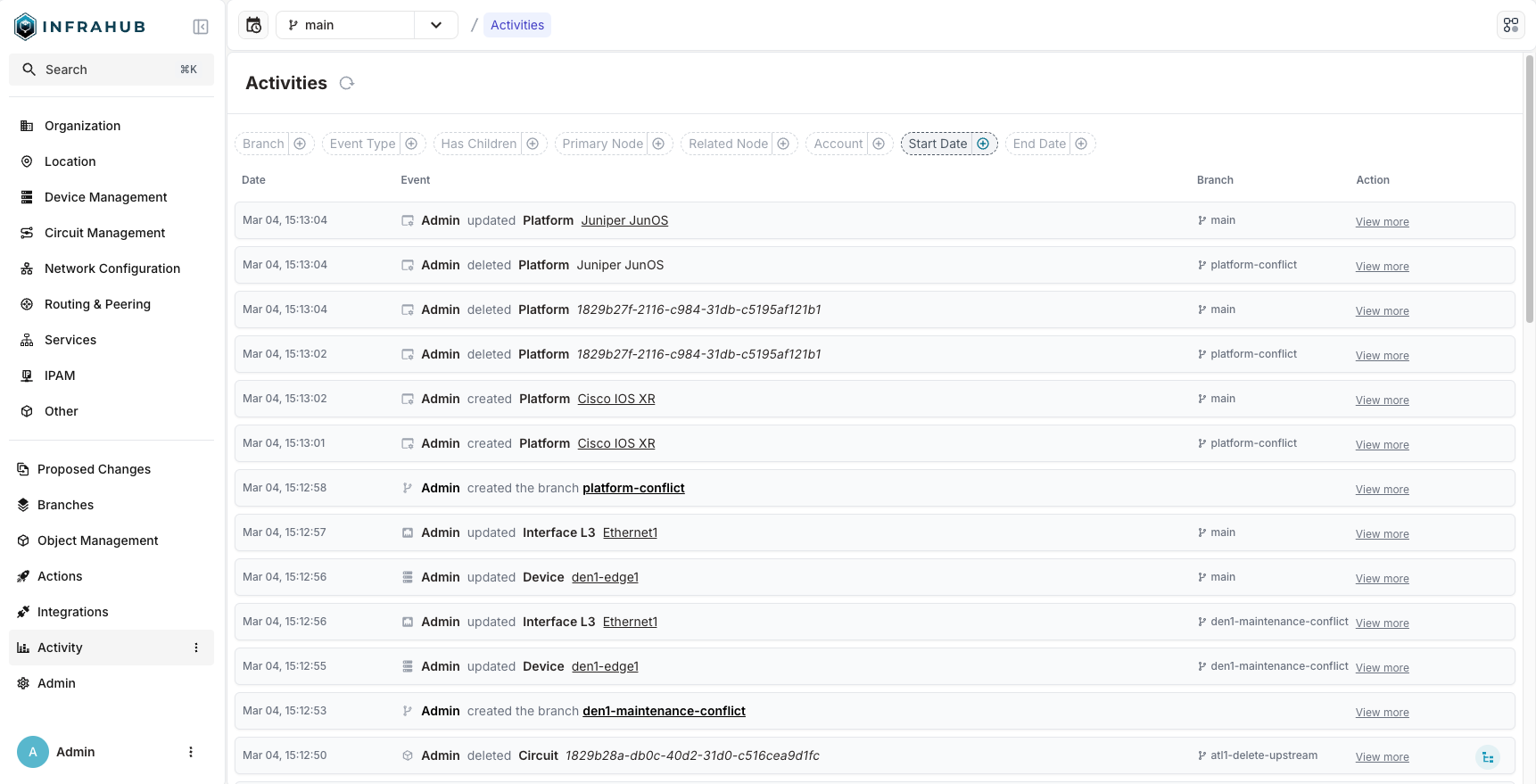 "Example screenshot of Infrahub 1.2 showing the Activity Log page."